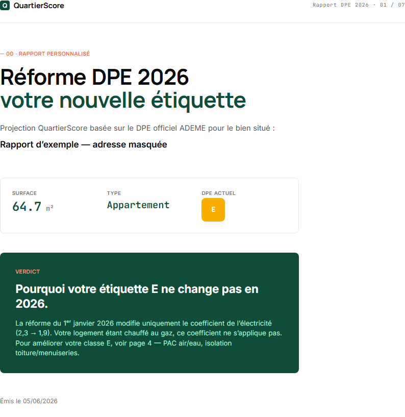 Rapport DPE 2026 — page 1 : Votre nouvelle étiquette (avant / après)